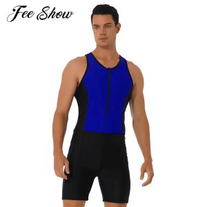 Macacão masculino para natação, roupa de banho sem mangas com zíper frontal, bodysuit para costas, triatlo, shorts de natação