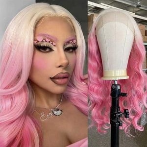 Hår peruker blond till rosa ombre rosa peruk kropp vågig syntetisk spets front peruk naturligt långt hår värme fiber cosplay makeup kvinnor använder 240306