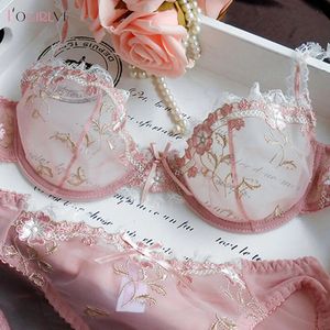 Logirlve Exquisite Embroidery Lotus Pink Ultrathin Womensセクシー透明レース下着ブラブセット240305