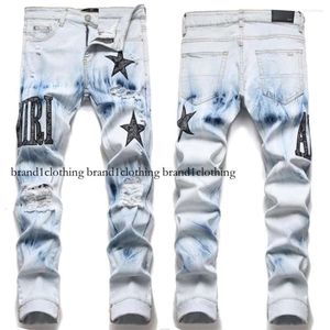 European Letter Star Jean Men Embroidery Patchwork Ripped Trend Brand Motorcycle Pant Mens Skinny Jeans