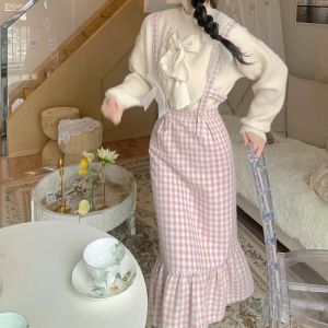 Dress Winter sweet Lolita pink Plaid Strap Dress women Japanese Kawaii Bow Slim Party dresses Female Korean Fashion y2k birthday Dress