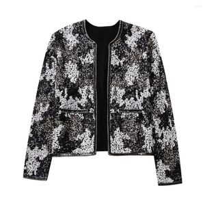 여성용 재킷 유럽과 미국 스타일 2024 패션 올 매치 둥근 목 구슬 장식 카디건 재킷