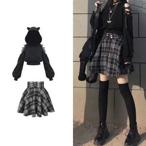 Anzüge Schwarz Japanisches süßes Mädchen rohe süße Katzenohren Kapuzenpullover Rock mit hoher Taille Frühlingsanzug zweiteilige Damenbekleidung