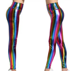 Legginsy Women High Street Rainbow Striped Leggingi Push Up Neon Neon Fake Skórzane skórzane skórzane legginsy Lady Dancing Rock Disco Spant