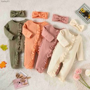 Footies Infant Girl Footies Rompers Solid Color Frills Crew Neck Long Sleeve Baby Jumpsuits Newborn Clothes Bodysuits with Headband YQ240306