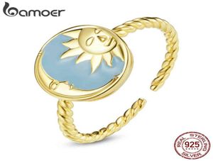 Bamoer Myth Gold 925 Sterling Silver Open Splendid Sun Moon Unique Hexagram Sixpointed Star Ring Justerbar Anillo7427039