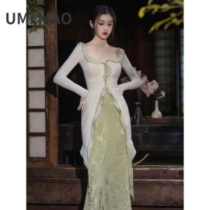 Dress UMI MAO Spring Autumn New Chinese Style Twopiece French Ruffle Top Satin Fishtail Dress Pure Lust Style Celebrity Dresses