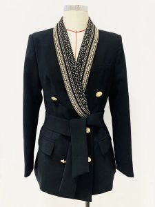 Blazers High Street nyaste 2024 Stylish Designer Jacket Women's Metal Sheets Beading Belted Shawl Collar Blazer