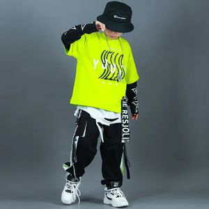 Barn mode hiphopkläder överdimensionerade gröna hoodie streetwear svart last shorts för flickor pojkar jazzdansdräkt kläder 240226