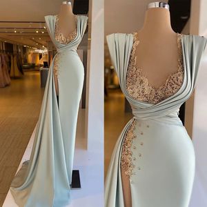 Classic Women Evening Dresses Jewel Neck Sleeveless Prom Gowns Appliques Ruffle Split Side Sweep Train Dress For Party Custom Made Robe De Soiree
