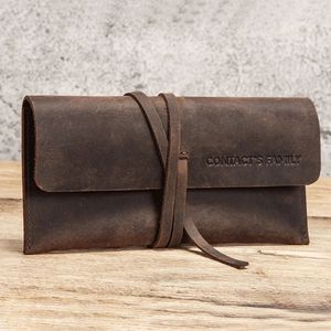 Handmade Cowhide Leather Pen Bag Retro Vintage Roll Pencil Case Pouch Stationery Drop 240222