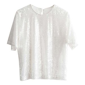 Fairy Sequin Top for Women 2023 Spring/Summer New Fashion Celebrity Light Luxury Sparkling Round Neck Kort ärm T-shirt mångsidig