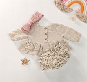 Детская одежда Роскошный дизайнер для девочек Весенний мягкий лен Хлопок Бутик одежды для малышей Комплект топов с длинными рукавами с цветочным принтом 2204492422