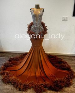 Brown Long Mermaid Prom Dresses for Black Girl Sparkly Luxury Diamond Crystal Feather African Evening Birthday Gala Gown