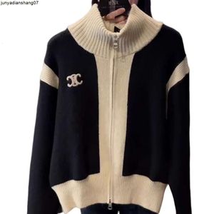 Clne Sweater Designer Fashion Women Superior Quality Embroidery Color Matching Knitted Cardigan Autumn and Winter New Casual Long Sleeve Zipper Coat Top