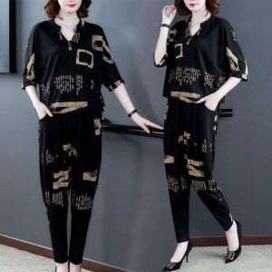 Suits Women's Casual Suit 2023 Summer New Fashion Mother Plus Size Clothing Pencil Pants Half Sleeve Crop Top Two Piece Set For Women