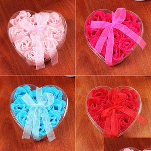 Bomboniera 9 pezzi Profumato Petalo di fiori di rosa Bouquet Regalo di San Valentino Scatola a forma di cuore Bagno Corpo Sapone Matrimonio 9Ocs / Lotto Consegna a goccia Dh7Rn