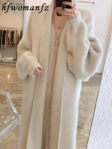 Cardigans Korean Solid Long Woman Cashmere Cardigan Coat Sweet Fluffy Long Sleeve Tree