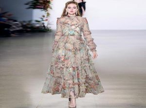 Designer primaverili di alta qualità Runway Abito lungo lungo da donna Elegante abito a rete con volant floreale Abiti da festa per celebrità Abito casual9435360