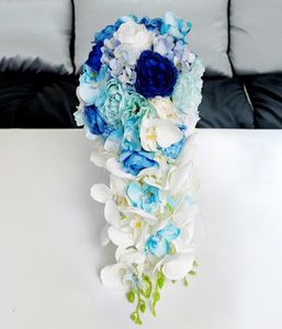 Nuova cascata artificiale Royal Blue Bouquet da sposa per spose Goccioline Fiori rosa Bouquet da sposa spilla damigella d'onore 20178628626