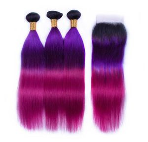 Ombre T 1BPurple Rose Red Straight Remy Human Hair Weaves mit 4X4-Spitzenverschluss8780350