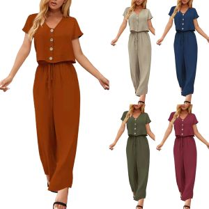 Set Summer Outfits for Women 2023 Fashion Solid Cotton and Linen Multi Button Top Short Sleeve Pant Set Casual Ladies Suits