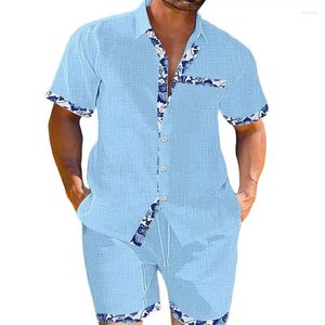 Herrspårar 2-stycken Set Cotton Linen Shorts Shorts Suits mode Kontrast Färg Kortärmad Loose Hawaiian Beach Summer For Men Outfits