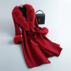 Mieszanki Women Real Fox Fur Clar Wool Coats Autumn Winter Cashmere Trench luksusowe podwójne kurtki S3664