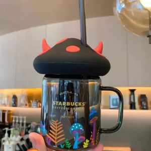 Starbucks Halloween Black Cat Mugs Mushroom Little Devil Paradise Mark Glass Straw Isolated Water Cup