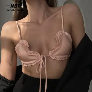 Camis Neonbabipink Sexig Y2K BRALETTE CROP TOPS LACE UP RACKLESS SATIN CAMISOLE Söta rosa topp sommarkläder för kvinnor N83AG10