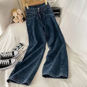 Jeans rimocy vintage perna larga calças de brim retas mulheres coreano botões duplos calças de cintura alta mulher 2023 baggy carga denim calças femininas