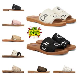 Designer Woody Sandals for Women Mules Flat Slides Light Tan Beige White Black Pink Lace Lettering Tyg Canvas Slippers Womens Summer Outdoor Shoes
