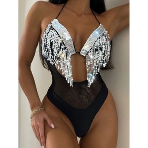 Bademode 2023 Neue Party Schwarz Quasten Einteiligen Badeanzug Frauen Sexy Vneck Bodys Monokini Strand Badeanzüge Bademode