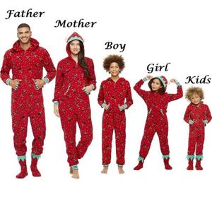 Familj matchande julpyjamas romper jumpsuit kvinnor män baby barn rött tryck xmas sömnkläder nattkläder huva blixtlås kläder 2101625659