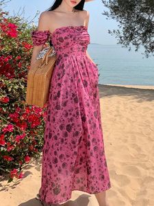 Vestidos casuais 2024 verão mulheres rosa vestido impresso francês moda senhoras slash pescoço magro balanço a linha mid-calf vestidos de mujer