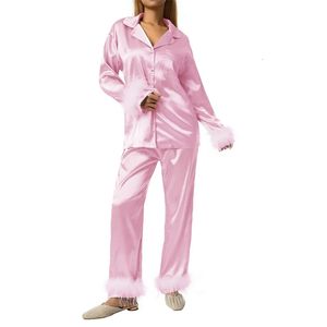 Pijama de cetim feminino de duas peças, primavera e outono, cor sólida, decoração de penas, botão, camisa de manga comprida, top e calças, pijama 240306