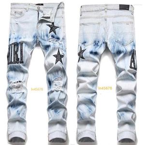 European Trend Jean Letter Star Jean Men Embroidery Patchwork Ripped Jeans Trend Brand Motorcycle Pant Mens Skinny Jeans 2024