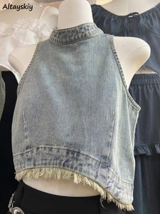 Westen Frauen gebleichte Frauen geschnittene unregelmäßige Quasten-Design Vintage Denim Sommer Chic O-Neck süße sexy verzweifelte Haruku Hollow Out