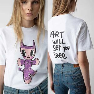 Kvinnors T-shirt 2024 Spring Womens Versatile White T-shirt ZV Summer Cartoon Doll Printed Cotton Löst kortärmad T-shirt J240224 J240309