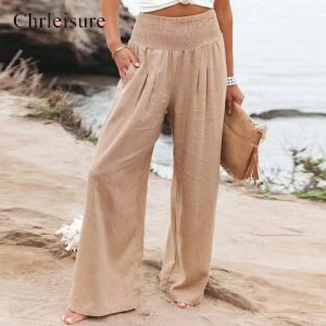 Capris Chrleisure Summer Beach Women's Pants Wide Leg Byxor Bomull Lossa kläder för kvinnor Pocket Pants Woman Solid Pants