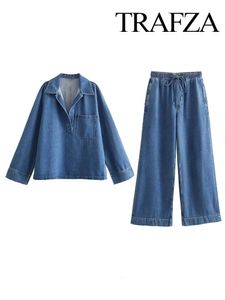 TRAFZA женский комплект из 2 предметов, свободная блузка, винтажный топ с карманами и лацканами, длинный рукав, шикарный эластичный пояс на шнуровке, джинсовые широкие брюки 240306