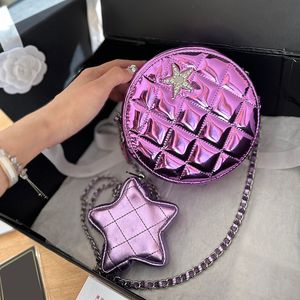 Womens Patent Leather Round Cosmetic Case Bags With Rhinestone Star Badge Coin Pouch Silver Metal Hardware Matelasse Chain Crossbody Shoulder Handbags Vanity 15CM