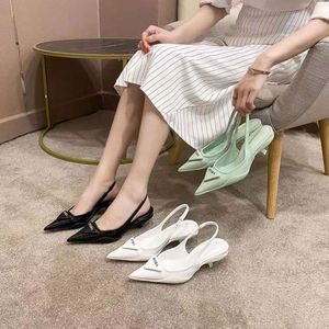 s Celebrity's Same Triangle Label Baotou Flat Bottom Sandals for Women's Cat Heel Fairy Windward Hollow Genuine Leather Pointed High Heels