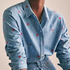 Mulheres coração bordado blusa turn-down colarinho único breasted fresco manga longa primavera feminino denim camisa 240223