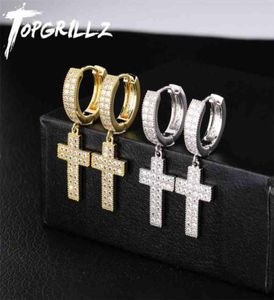 Topgrillz Cubic Zirconia Bling Iced Cross Earring Złota Srebrna Kolor Miedziane Kolczyki dla mężczyzn Kobiety Hip Hop Rock Biżuteria 213143079