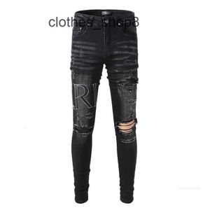 Denim Amirs Jeans Designer Pants Man Fall 2024 Nya herr Black Broken Brodery Patch Elastic Slim Fit Leggings 5q4t