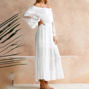 Dress Beautiful White Lace Long Sleeve Beach Dress for Women Bohemian Style Loose Fit Dress for Weddings and Parties