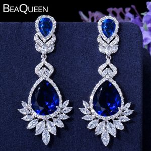 Beaqueen Luxury Royal Blue Water Drop CZ Cltal Women Wedding Jewelry Long Bridal earrings with Clear Cubic Zirconia E081 240226