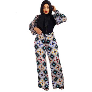 Women Office Elegant 2 Pieces Printed Casual Long Sleeve Blouse Tops and Elastic Waist Pants Suits Outfits Fashion Matching Sets