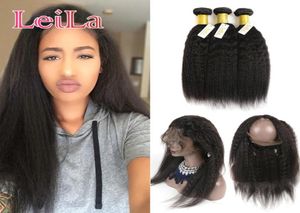 Indian Natural Hairline Virgin Hair Coarse Yaki 360 Lace Frontal With Bundles Kinky Straight Pre Plucked Human Hair7115245